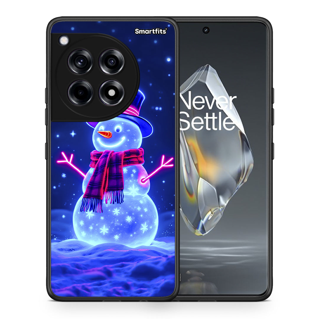 Θήκη OnePlus 12R 5G Christmas Neon Snowman από τη Smartfits με σχέδιο στο πίσω μέρος και μαύρο περίβλημα | OnePlus 12R 5G Christmas Neon Snowman case with colorful back and black bezels