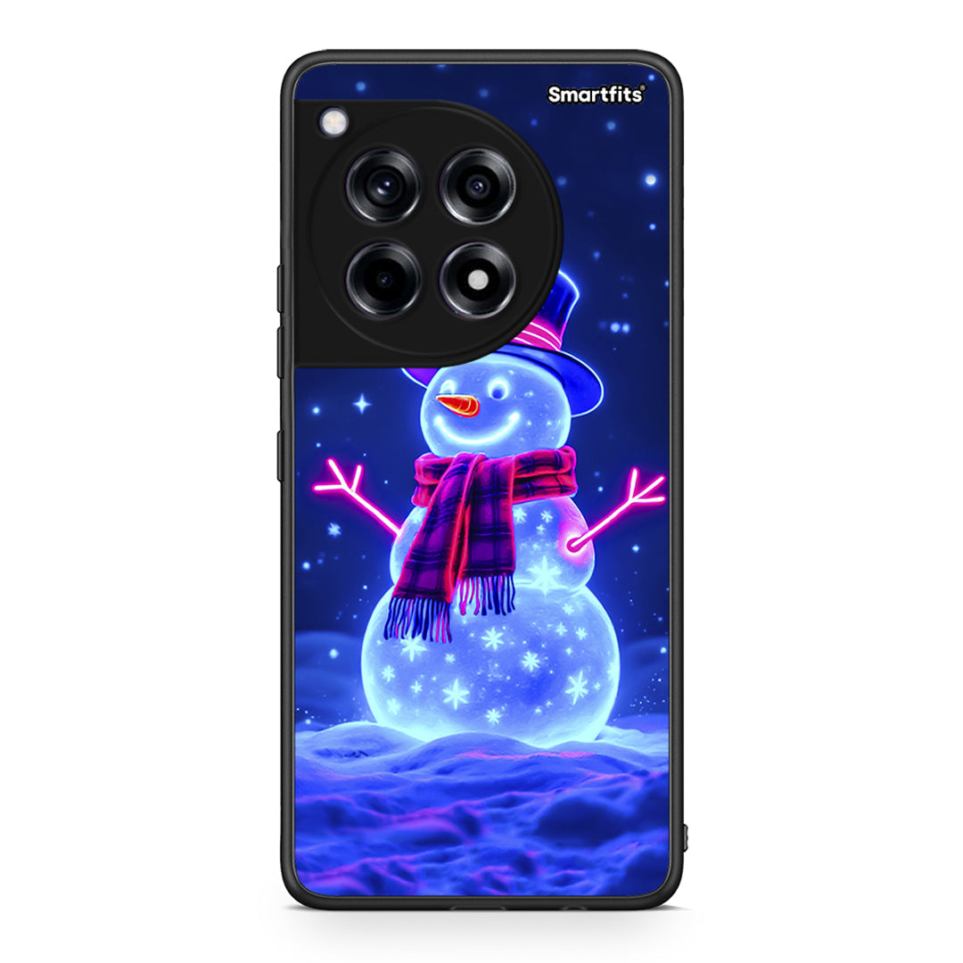 OnePlus 12R 5G Christmas Neon Snowman θήκη από τη Smartfits με σχέδιο στο πίσω μέρος και μαύρο περίβλημα | Smartphone case with colorful back and black bezels by Smartfits