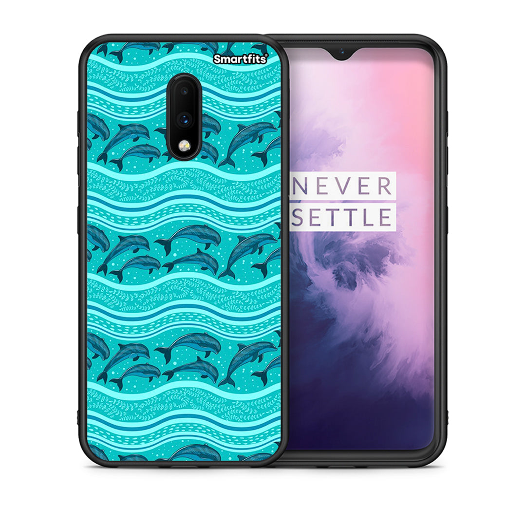 Θήκη OnePlus 7 Swimming Dolphins από τη Smartfits με σχέδιο στο πίσω μέρος και μαύρο περίβλημα | OnePlus 7 Swimming Dolphins case with colorful back and black bezels