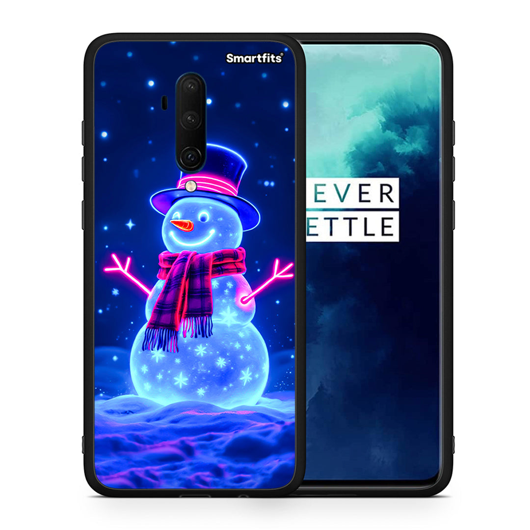 Θήκη OnePlus 7T Pro Christmas Neon Snowman από τη Smartfits με σχέδιο στο πίσω μέρος και μαύρο περίβλημα | OnePlus 7T Pro Christmas Neon Snowman case with colorful back and black bezels