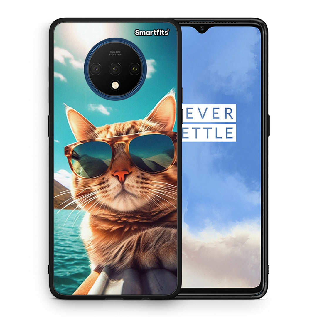 Θήκη OnePlus 7T Summer Cat από τη Smartfits με σχέδιο στο πίσω μέρος και μαύρο περίβλημα | OnePlus 7T Summer Cat case with colorful back and black bezels