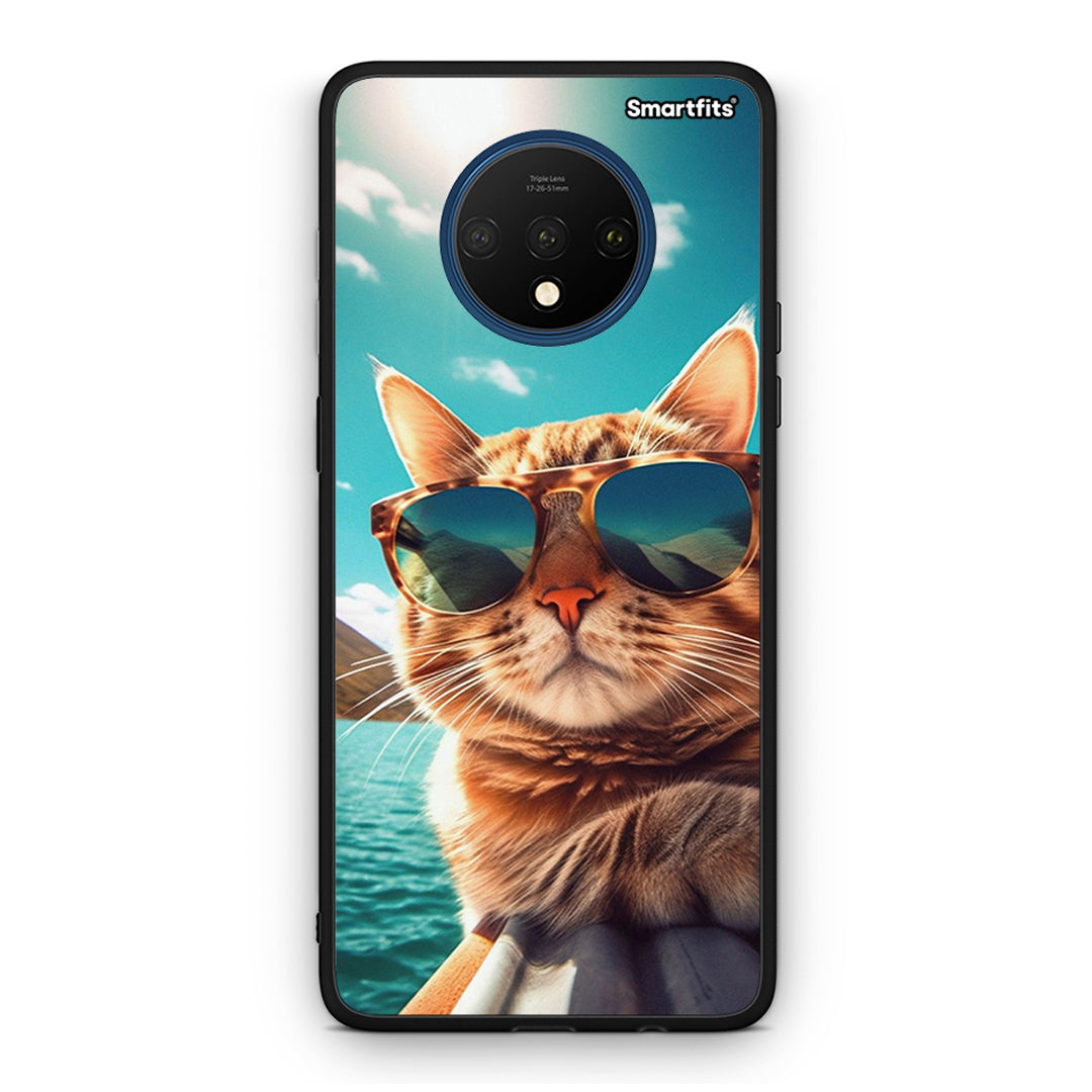 OnePlus 7T Summer Cat θήκη από τη Smartfits με σχέδιο στο πίσω μέρος και μαύρο περίβλημα | Smartphone case with colorful back and black bezels by Smartfits