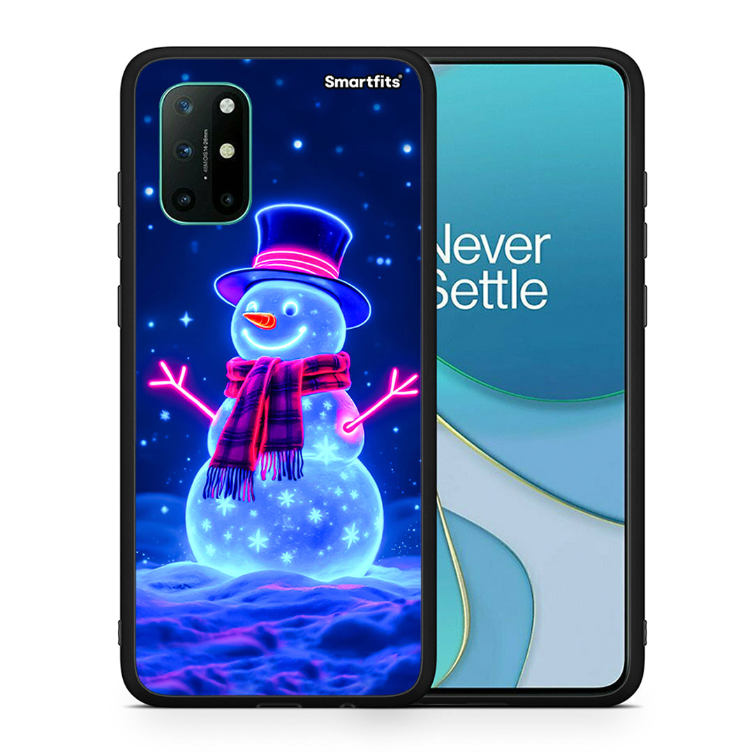 Θήκη OnePlus 8T Christmas Neon Snowman από τη Smartfits με σχέδιο στο πίσω μέρος και μαύρο περίβλημα | OnePlus 8T Christmas Neon Snowman case with colorful back and black bezels