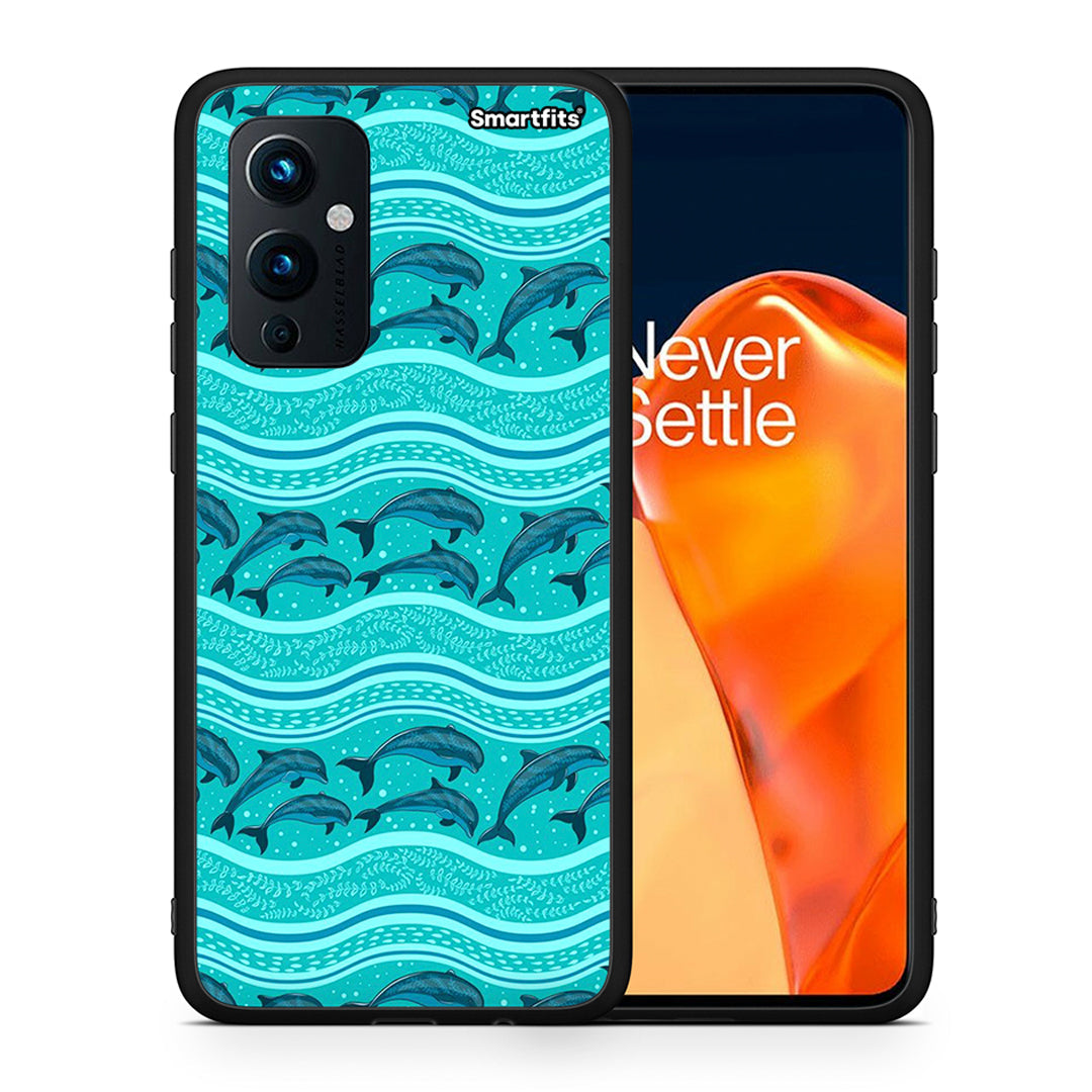 Θήκη OnePlus 9 Swimming Dolphins από τη Smartfits με σχέδιο στο πίσω μέρος και μαύρο περίβλημα | OnePlus 9 Swimming Dolphins case with colorful back and black bezels