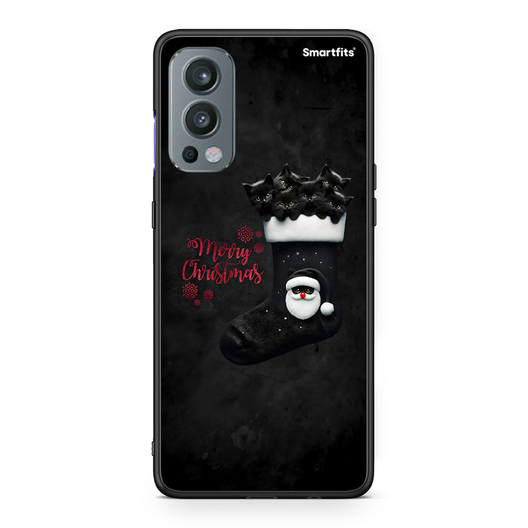 OnePlus Nord 2 5G Merry Cat Christmas θήκη από τη Smartfits με σχέδιο στο πίσω μέρος και μαύρο περίβλημα | Smartphone case with colorful back and black bezels by Smartfits