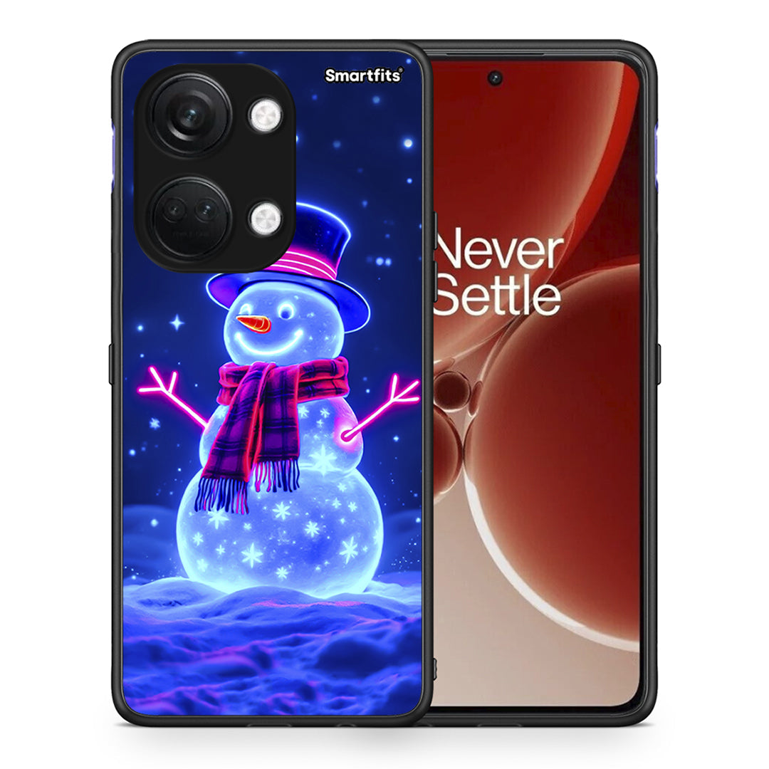 Θήκη OnePlus Nord 3 Christmas Neon Snowman από τη Smartfits με σχέδιο στο πίσω μέρος και μαύρο περίβλημα | OnePlus Nord 3 Christmas Neon Snowman case with colorful back and black bezels