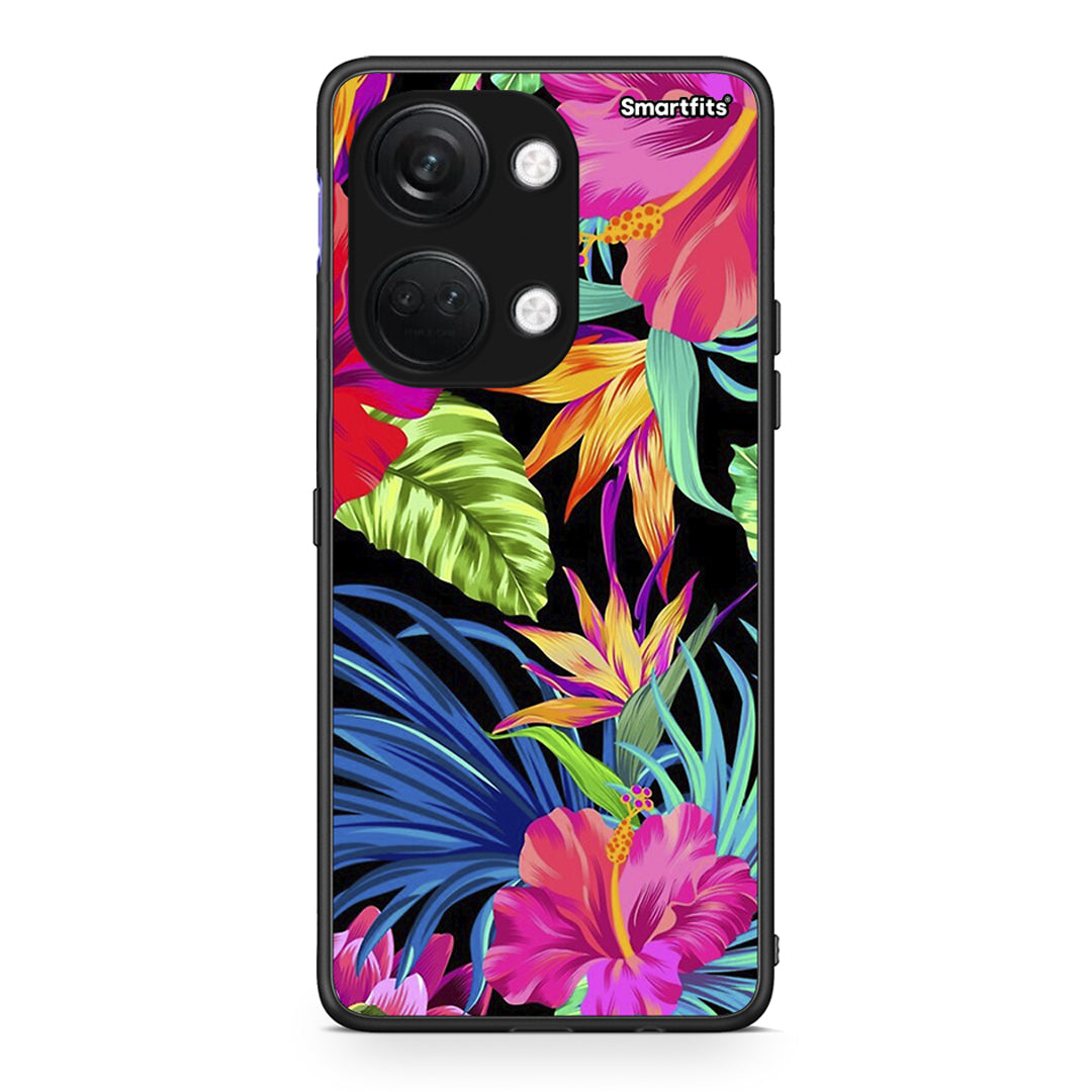 OnePlus Nord 3 Tropical Flowers θήκη από τη Smartfits με σχέδιο στο πίσω μέρος και μαύρο περίβλημα | Smartphone case with colorful back and black bezels by Smartfits