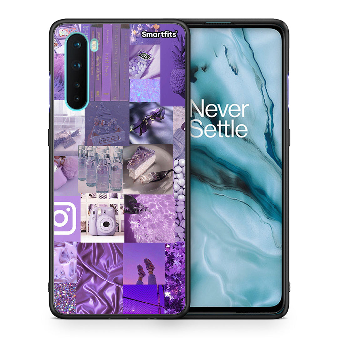 Θήκη OnePlus Nord 5G Purple Aesthetic Collage από τη Smartfits με σχέδιο στο πίσω μέρος και μαύρο περίβλημα | OnePlus Nord 5G Purple Aesthetic Collage case with colorful back and black bezels