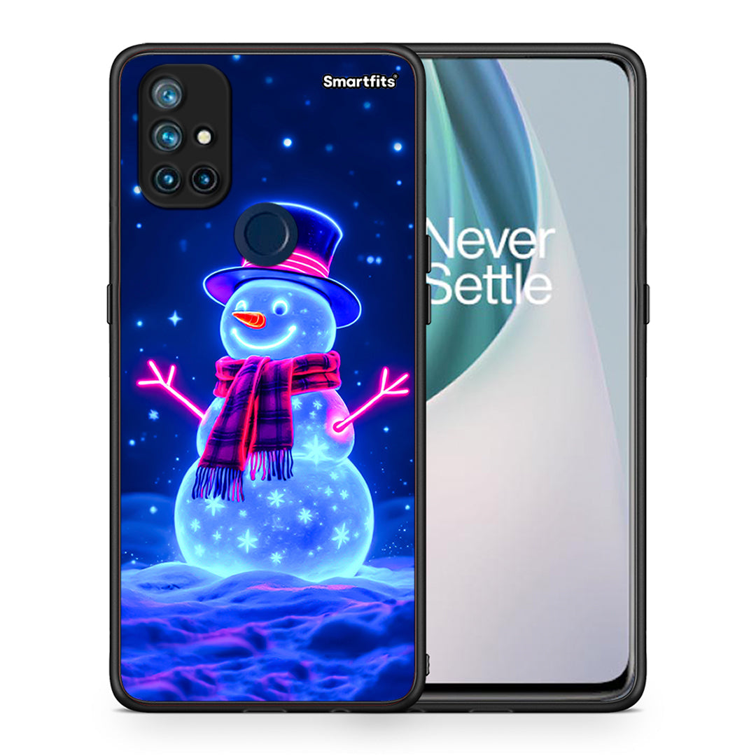 Θήκη OnePlus Nord N10 5G Christmas Neon Snowman από τη Smartfits με σχέδιο στο πίσω μέρος και μαύρο περίβλημα | OnePlus Nord N10 5G Christmas Neon Snowman case with colorful back and black bezels