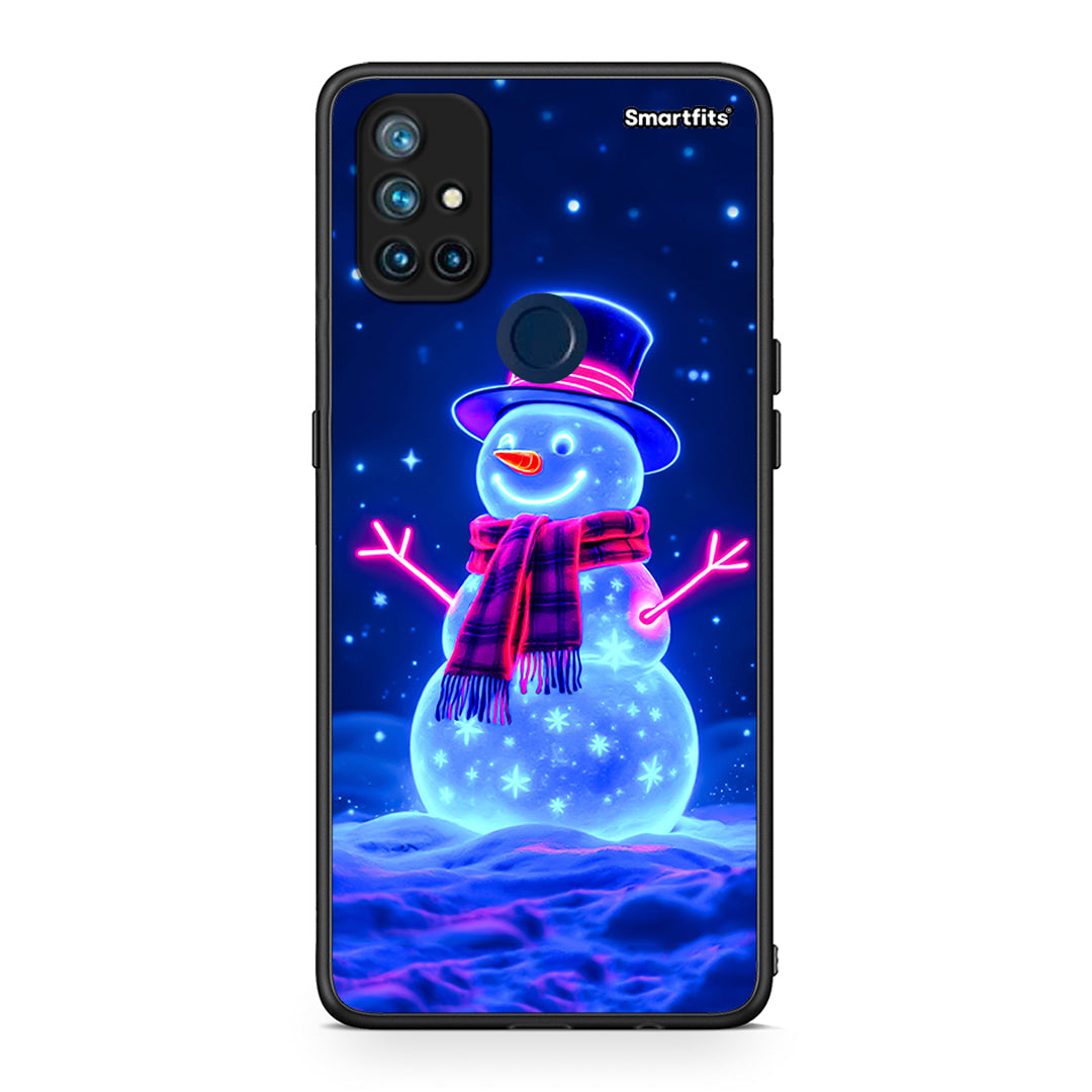 OnePlus Nord N10 5G Christmas Neon Snowman θήκη από τη Smartfits με σχέδιο στο πίσω μέρος και μαύρο περίβλημα | Smartphone case with colorful back and black bezels by Smartfits