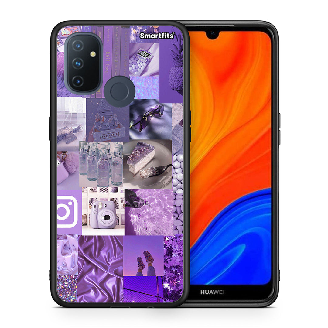 Θήκη OnePlus Nord N100 Purple Aesthetic Collage από τη Smartfits με σχέδιο στο πίσω μέρος και μαύρο περίβλημα | OnePlus Nord N100 Purple Aesthetic Collage case with colorful back and black bezels