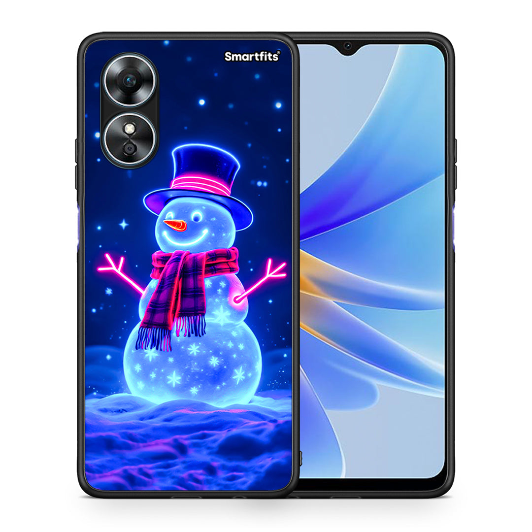 Θήκη Oppo A17 Christmas Neon Snowman από τη Smartfits με σχέδιο στο πίσω μέρος και μαύρο περίβλημα | Oppo A17 Christmas Neon Snowman Case with Colorful Back and Black Bezels