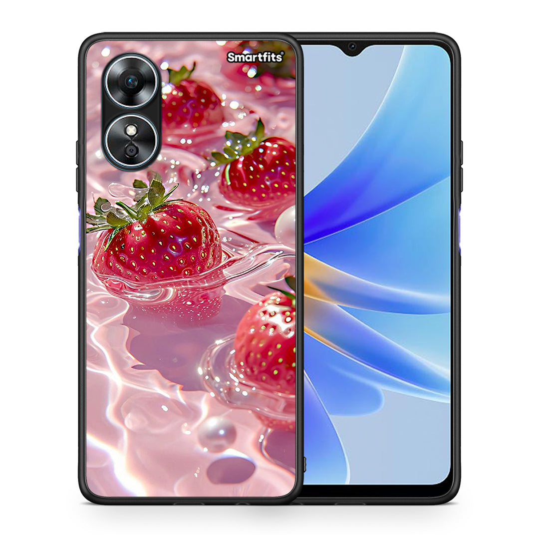 Θήκη Oppo A17 Juicy Strawberries από τη Smartfits με σχέδιο στο πίσω μέρος και μαύρο περίβλημα | Oppo A17 Juicy Strawberries Case with Colorful Back and Black Bezels