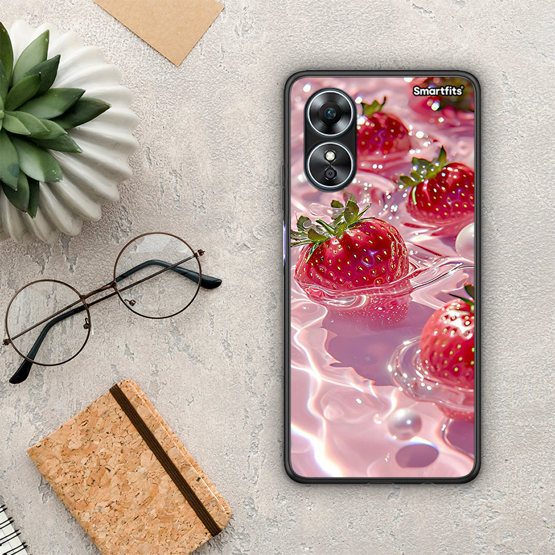 Θήκη Oppo A17 Juicy Strawberries από τη Smartfits με σχέδιο στο πίσω μέρος και μαύρο περίβλημα | Oppo A17 Juicy Strawberries Case with Colorful Back and Black Bezels