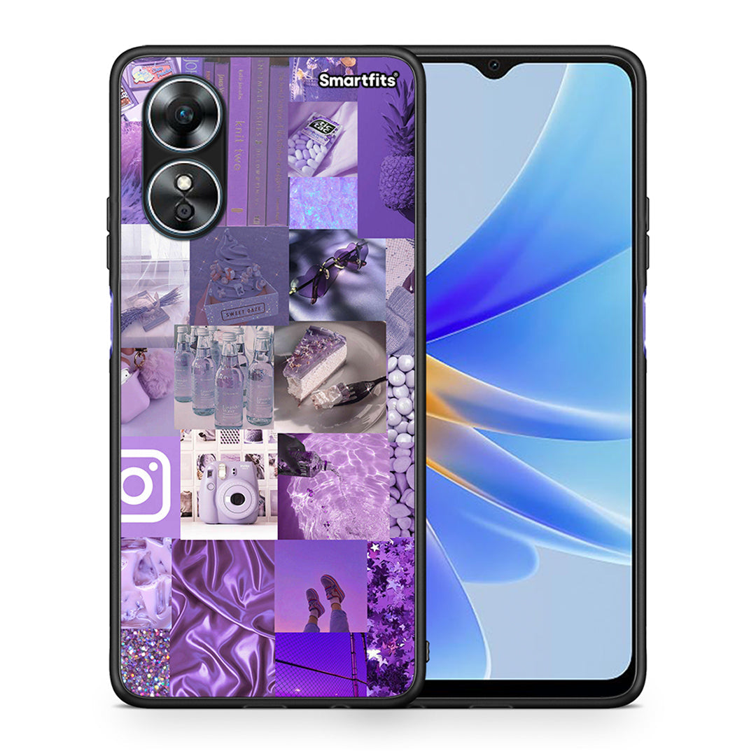 Θήκη Oppo A17 Purple Aesthetic Collage από τη Smartfits με σχέδιο στο πίσω μέρος και μαύρο περίβλημα | Oppo A17 Purple Aesthetic Collage Case with Colorful Back and Black Bezels