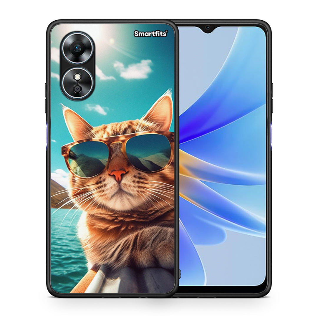 Θήκη Oppo A17 Summer Cat από τη Smartfits με σχέδιο στο πίσω μέρος και μαύρο περίβλημα | Oppo A17 Summer Cat Case with Colorful Back and Black Bezels