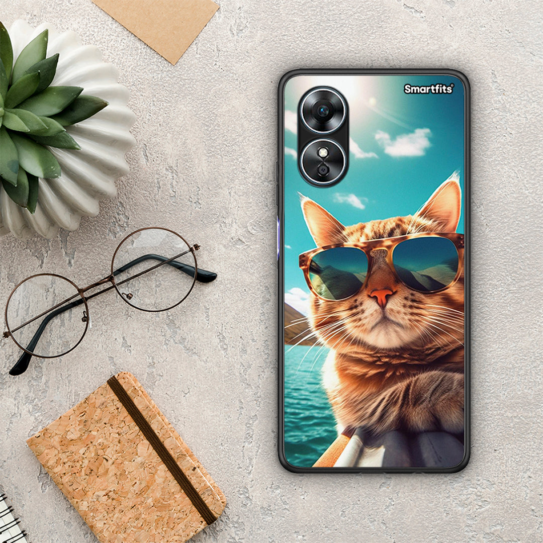 Θήκη Oppo A17 Summer Cat από τη Smartfits με σχέδιο στο πίσω μέρος και μαύρο περίβλημα | Oppo A17 Summer Cat Case with Colorful Back and Black Bezels