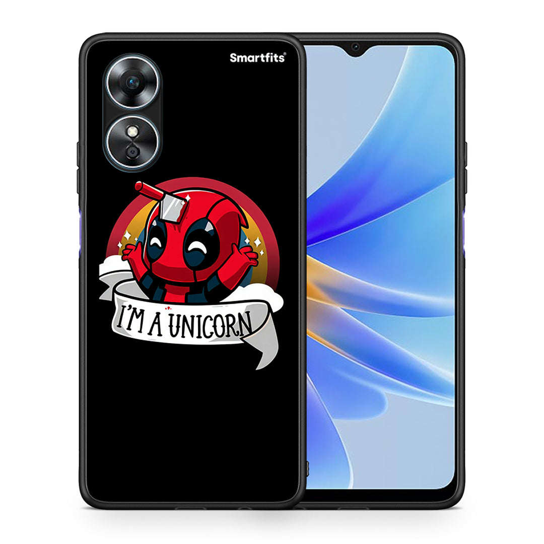 Θήκη Oppo A17 Unicorn Deadpool από τη Smartfits με σχέδιο στο πίσω μέρος και μαύρο περίβλημα | Oppo A17 Unicorn Deadpool Case with Colorful Back and Black Bezels