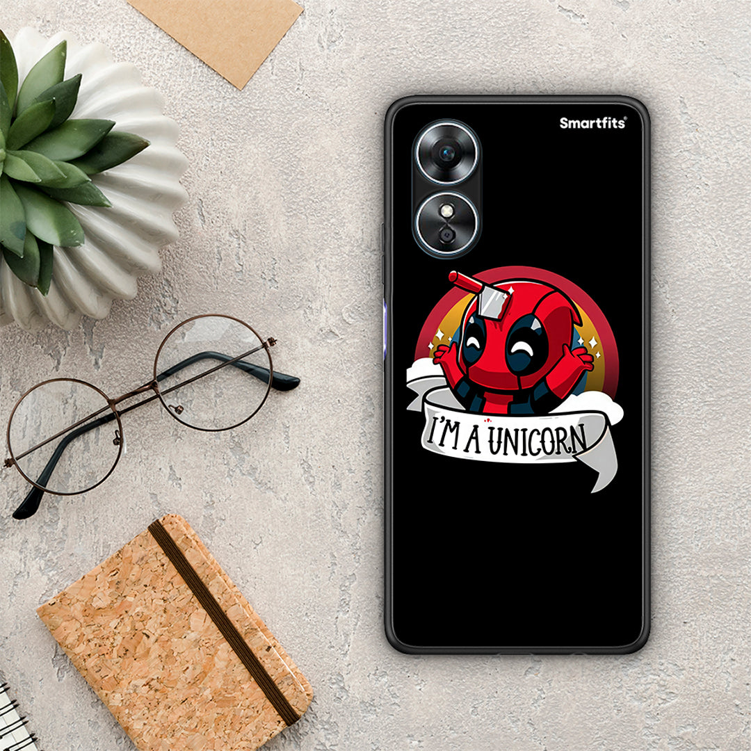 Θήκη Oppo A17 Unicorn Deadpool από τη Smartfits με σχέδιο στο πίσω μέρος και μαύρο περίβλημα | Oppo A17 Unicorn Deadpool Case with Colorful Back and Black Bezels