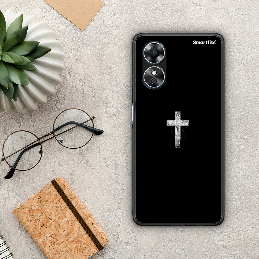 Θήκη Oppo A17 White Cross από τη Smartfits με σχέδιο στο πίσω μέρος και μαύρο περίβλημα | Oppo A17 White Cross Case with Colorful Back and Black Bezels