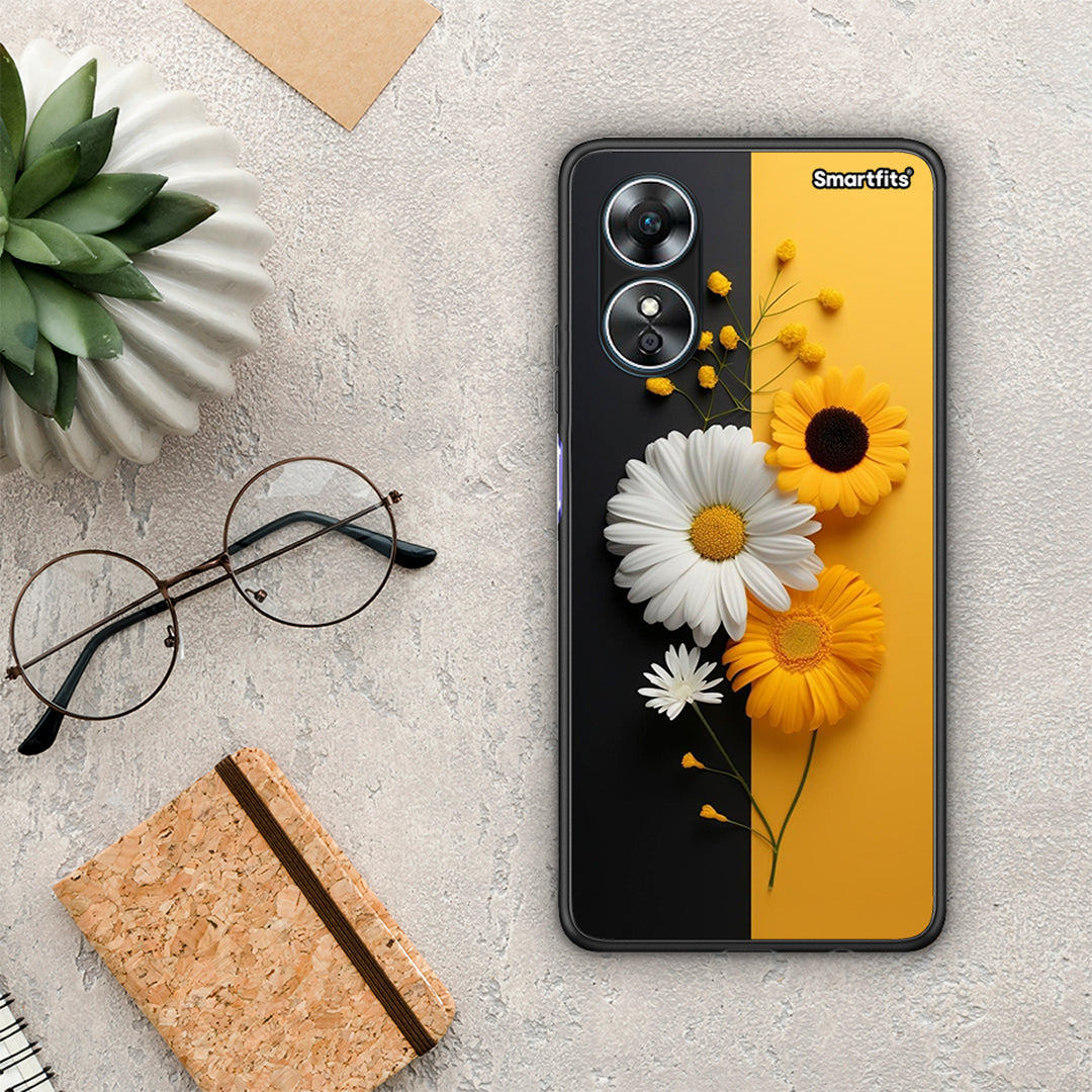 Θήκη Oppo A17 Yellow Daisies από τη Smartfits με σχέδιο στο πίσω μέρος και μαύρο περίβλημα | Oppo A17 Yellow Daisies Case with Colorful Back and Black Bezels