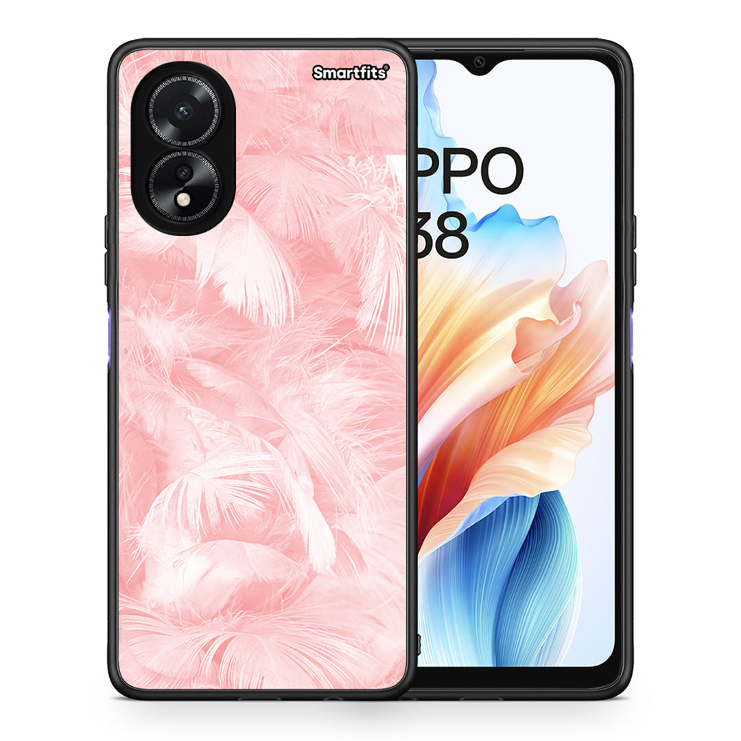 Θήκη Oppo A18 Pink Feather Boho από τη Smartfits με σχέδιο στο πίσω μέρος και μαύρο περίβλημα | Oppo A18 Pink Feather Boho case with colorful back and black bezels