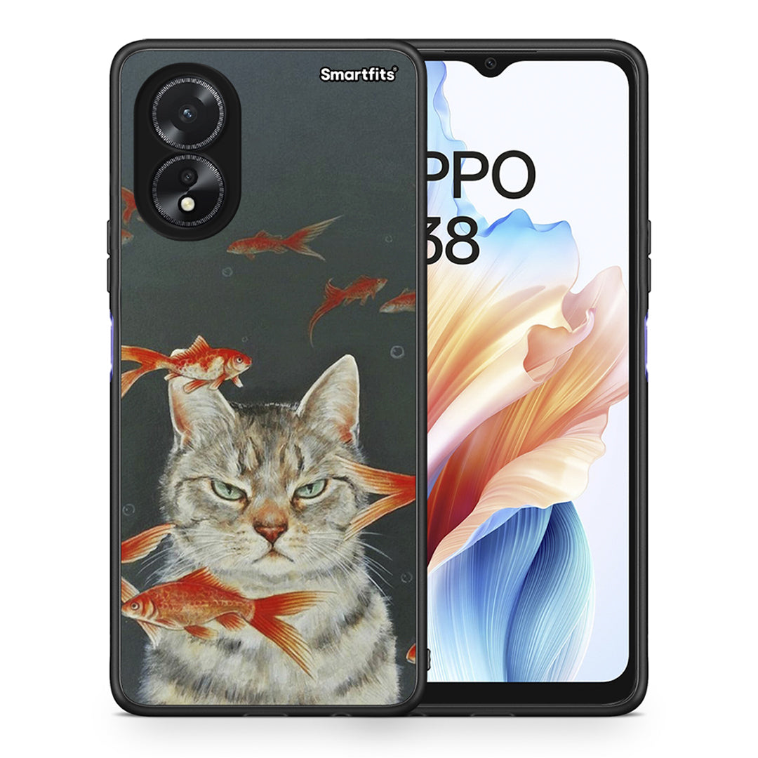 Θήκη Oppo A18 Cat Goldfish από τη Smartfits με σχέδιο στο πίσω μέρος και μαύρο περίβλημα | Oppo A18 Cat Goldfish case with colorful back and black bezels