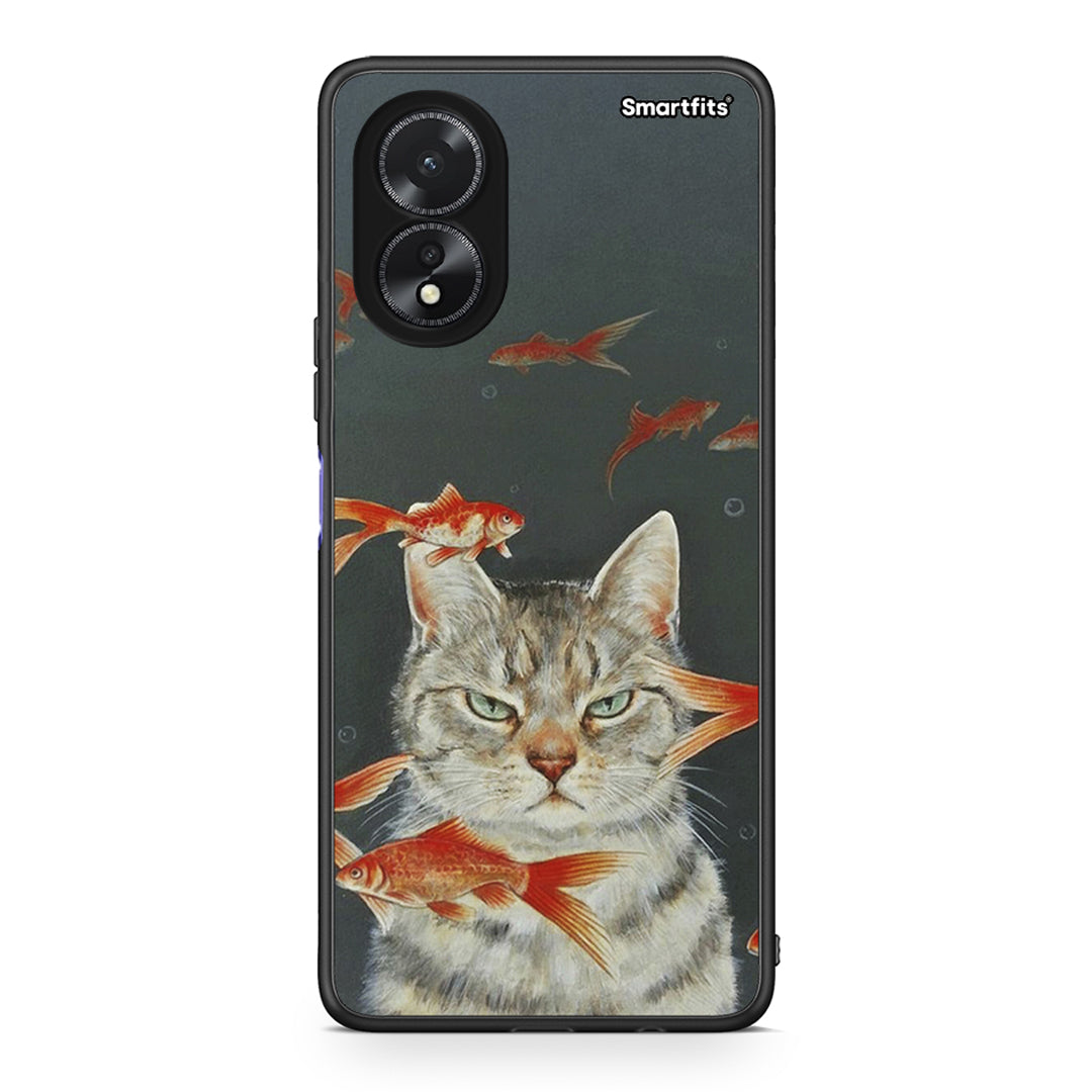 Oppo A18 Cat Goldfish θήκη από τη Smartfits με σχέδιο στο πίσω μέρος και μαύρο περίβλημα | Smartphone case with colorful back and black bezels by Smartfits