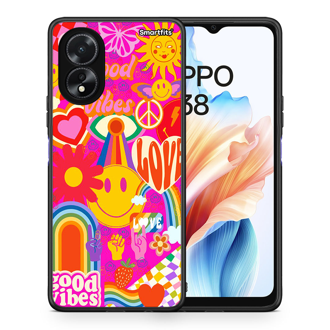 Θήκη Oppo A18 Hippie Love από τη Smartfits με σχέδιο στο πίσω μέρος και μαύρο περίβλημα | Oppo A18 Hippie Love case with colorful back and black bezels