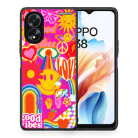 Thumbnail for Θήκη Oppo A18 Hippie Love από τη Smartfits με σχέδιο στο πίσω μέρος και μαύρο περίβλημα | Oppo A18 Hippie Love case with colorful back and black bezels