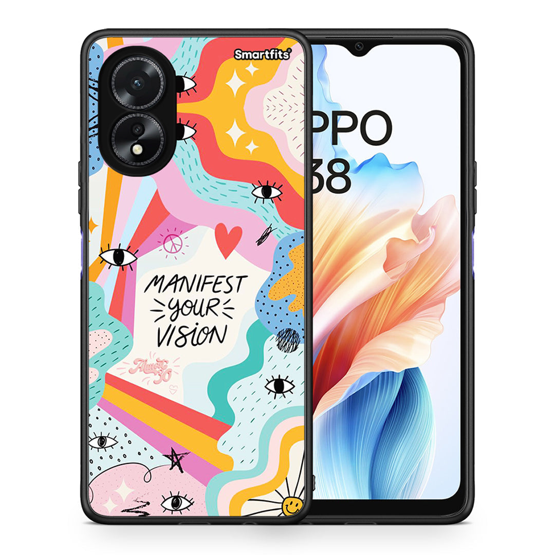 Θήκη Oppo A18 Manifest Your Vision από τη Smartfits με σχέδιο στο πίσω μέρος και μαύρο περίβλημα | Oppo A18 Manifest Your Vision case with colorful back and black bezels