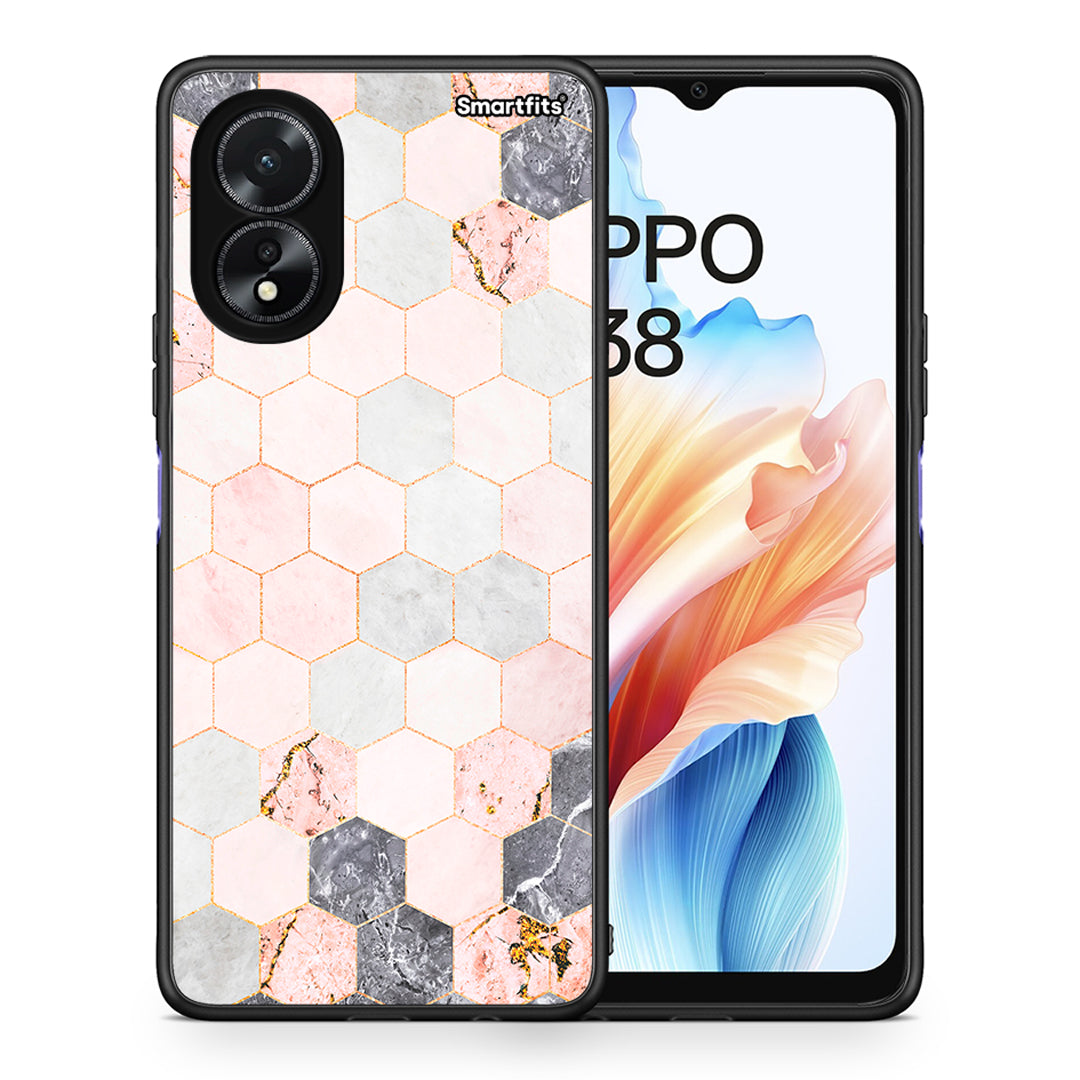 Θήκη Oppo A38 Hexagon Pink Marble από τη Smartfits με σχέδιο στο πίσω μέρος και μαύρο περίβλημα | Oppo A38 Hexagon Pink Marble case with colorful back and black bezels