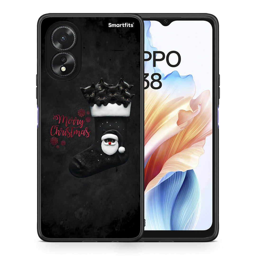 Θήκη Oppo A38 Merry Cat Christmas από τη Smartfits με σχέδιο στο πίσω μέρος και μαύρο περίβλημα | Oppo A38 Merry Cat Christmas case with colorful back and black bezels