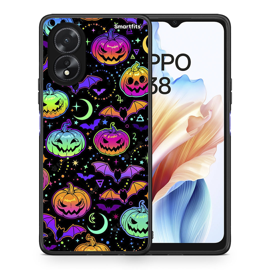 Θήκη Oppo A38 Neon Halloween από τη Smartfits με σχέδιο στο πίσω μέρος και μαύρο περίβλημα | Oppo A38 Neon Halloween case with colorful back and black bezels