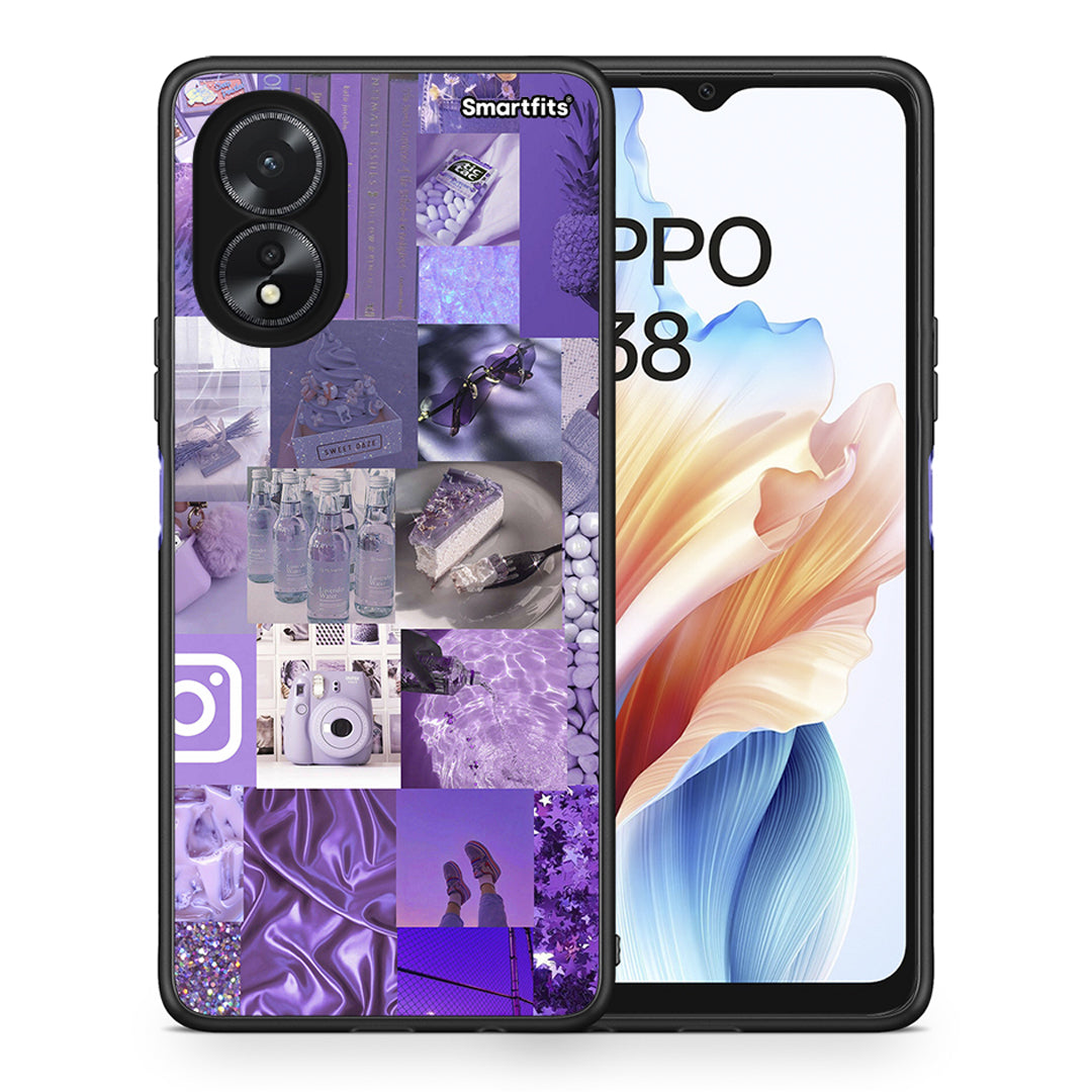 Θήκη Oppo A18 Purple Aesthetic Collage από τη Smartfits με σχέδιο στο πίσω μέρος και μαύρο περίβλημα | Oppo A18 Purple Aesthetic Collage case with colorful back and black bezels