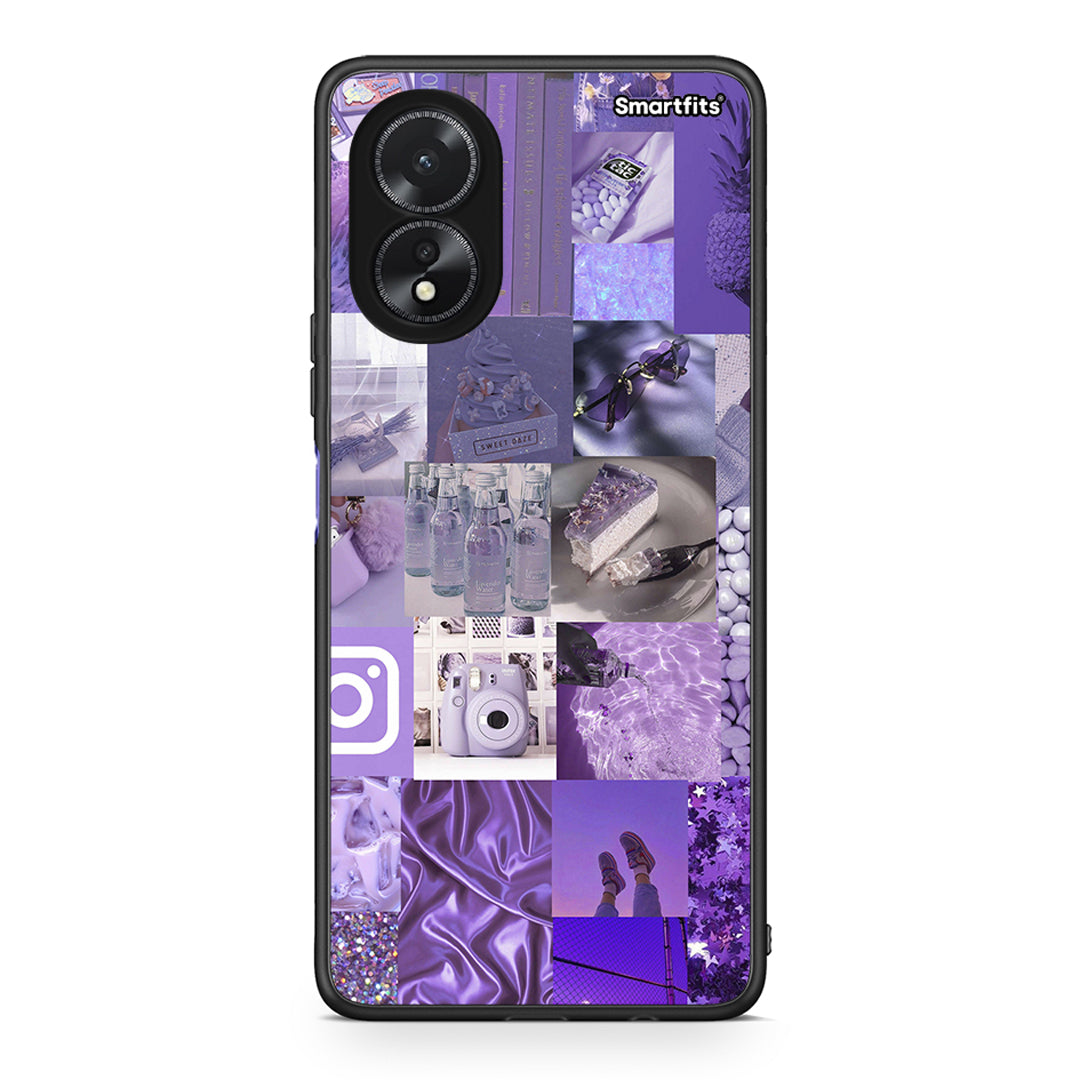 Oppo A18 Purple Aesthetic Collage θήκη από τη Smartfits με σχέδιο στο πίσω μέρος και μαύρο περίβλημα | Smartphone case with colorful back and black bezels by Smartfits