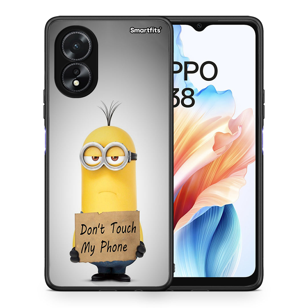 Θήκη Oppo A18 Minion Text από τη Smartfits με σχέδιο στο πίσω μέρος και μαύρο περίβλημα | Oppo A18 Minion Text case with colorful back and black bezels