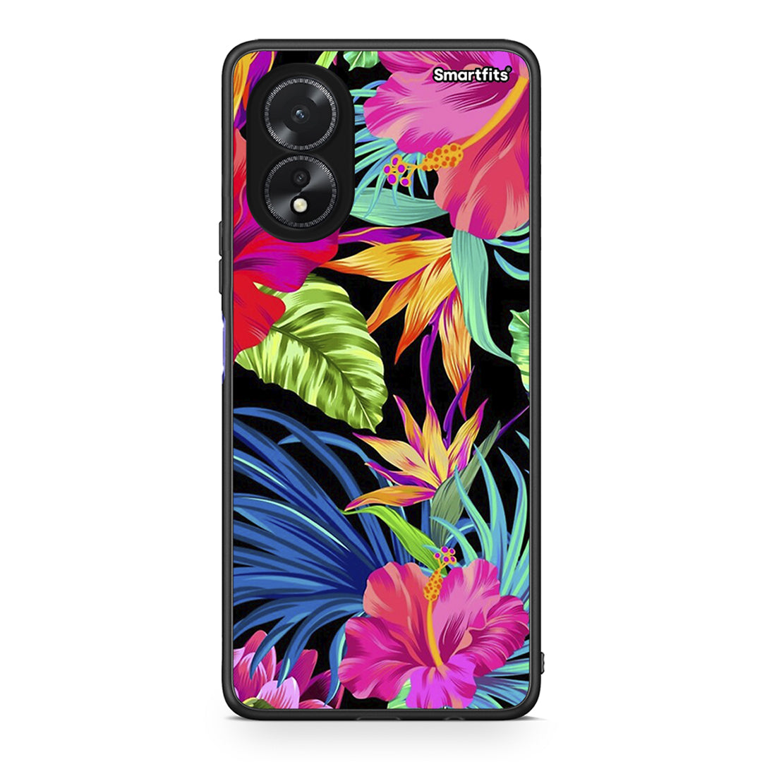 Oppo A18 Tropical Flowers θήκη από τη Smartfits με σχέδιο στο πίσω μέρος και μαύρο περίβλημα | Smartphone case with colorful back and black bezels by Smartfits