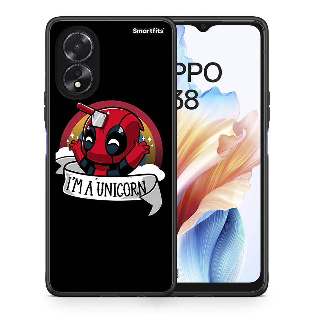 Θήκη Oppo A18 Unicorn Deadpool από τη Smartfits με σχέδιο στο πίσω μέρος και μαύρο περίβλημα | Oppo A18 Unicorn Deadpool case with colorful back and black bezels