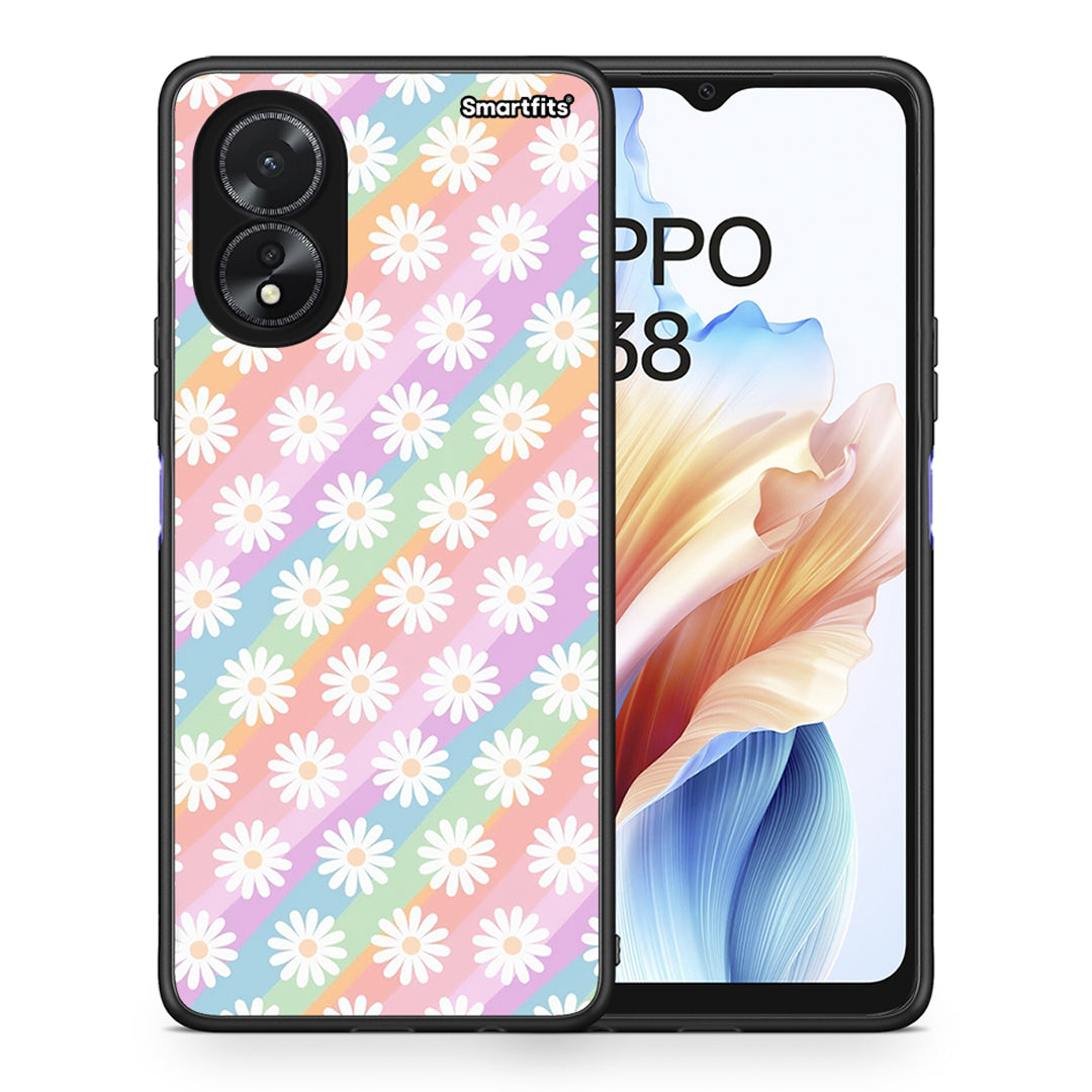 Θήκη Oppo A18 White Daisies από τη Smartfits με σχέδιο στο πίσω μέρος και μαύρο περίβλημα | Oppo A18 White Daisies case with colorful back and black bezels