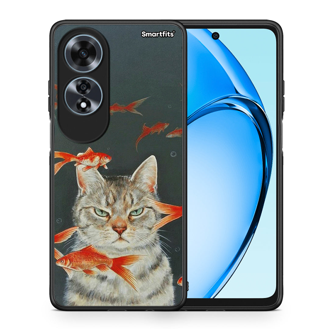 Θήκη Oppo A60 4G Cat Goldfish από τη Smartfits με σχέδιο στο πίσω μέρος και μαύρο περίβλημα | Oppo A60 4G Cat Goldfish case with colorful back and black bezels