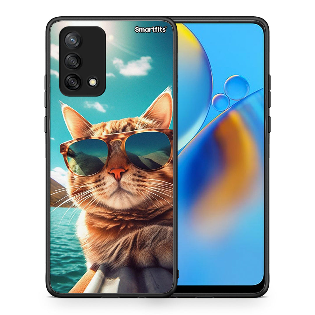 Θήκη Oppo A74 4G Summer Cat από τη Smartfits με σχέδιο στο πίσω μέρος και μαύρο περίβλημα | Oppo A74 4G Summer Cat case with colorful back and black bezels