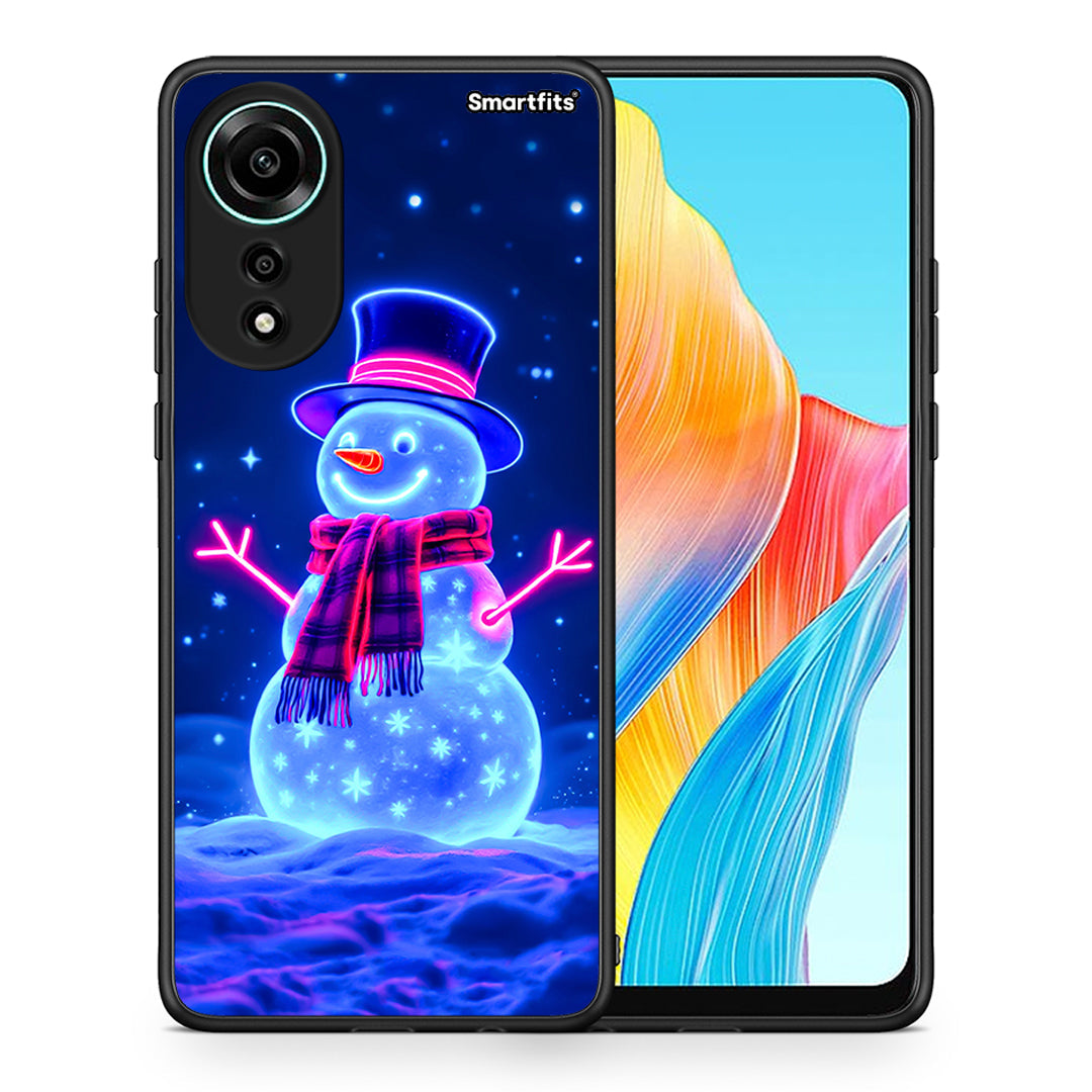 Θήκη Oppo A78 4G Christmas Neon Snowman από τη Smartfits με σχέδιο στο πίσω μέρος και μαύρο περίβλημα | Oppo A78 4G Christmas Neon Snowman case with colorful back and black bezels