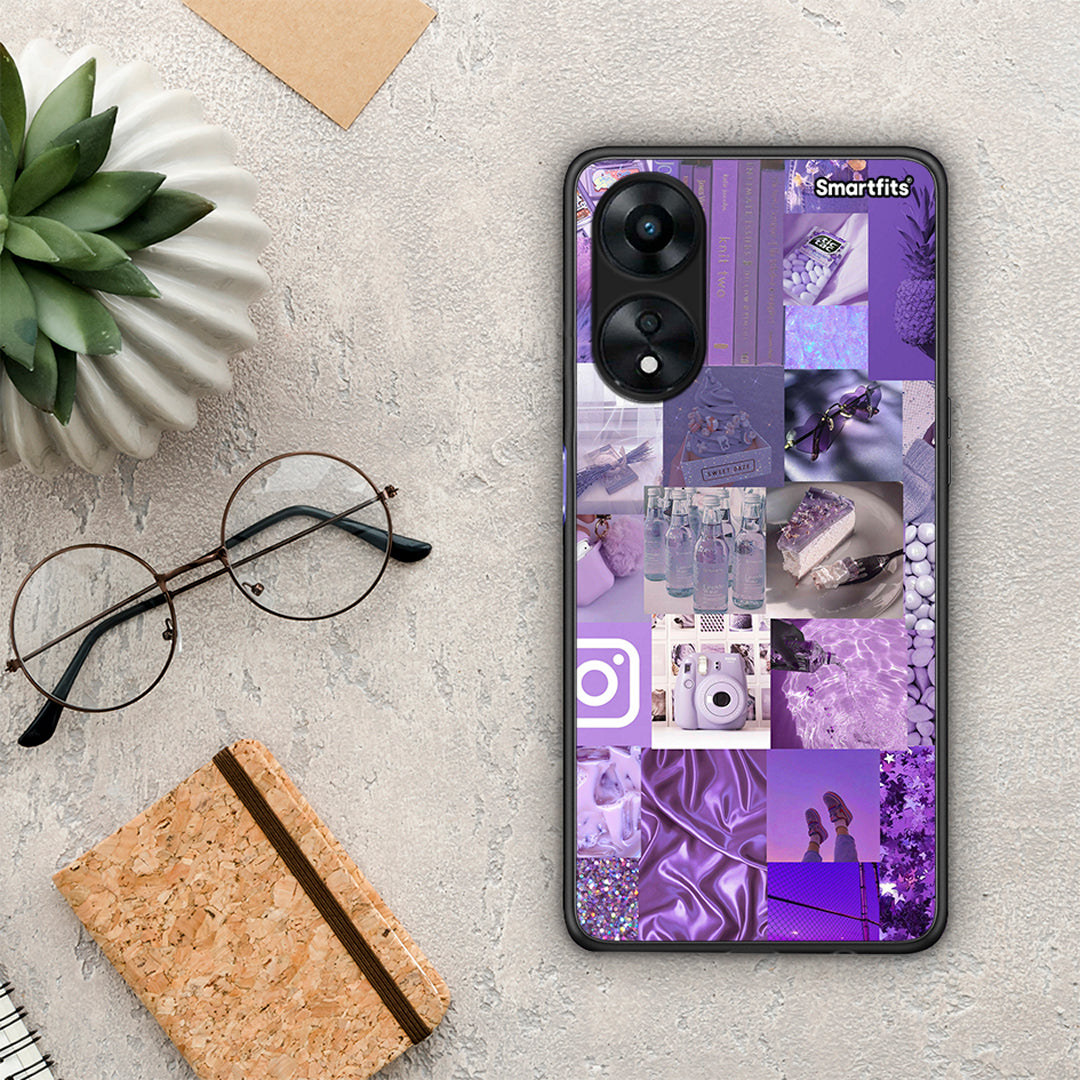 Θήκη Oppo A78 Purple Aesthetic Collage από τη Smartfits με σχέδιο στο πίσω μέρος και μαύρο περίβλημα | Oppo A78 Purple Aesthetic Collage Case with Colorful Back and Black Bezels