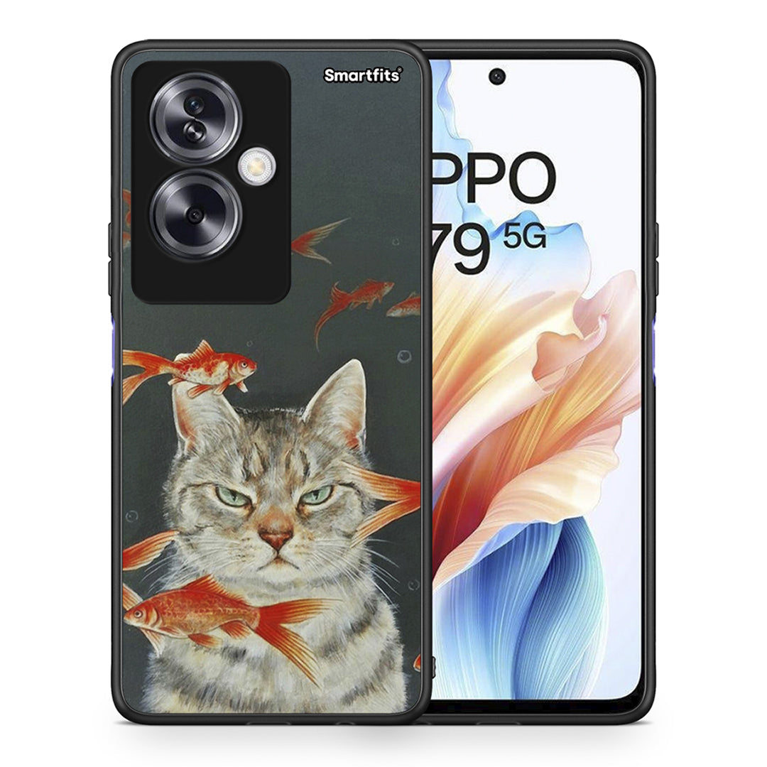 Θήκη Oppo A79 / A2 Cat Goldfish από τη Smartfits με σχέδιο στο πίσω μέρος και μαύρο περίβλημα | Oppo A79 / A2 Cat Goldfish case with colorful back and black bezels