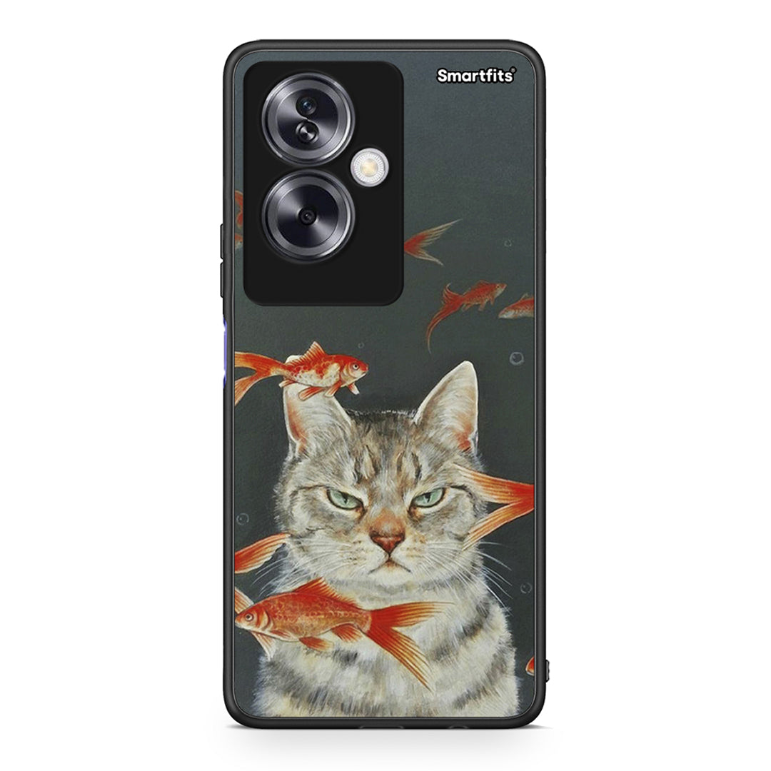 Oppo A79 / A2 Cat Goldfish θήκη από τη Smartfits με σχέδιο στο πίσω μέρος και μαύρο περίβλημα | Smartphone case with colorful back and black bezels by Smartfits
