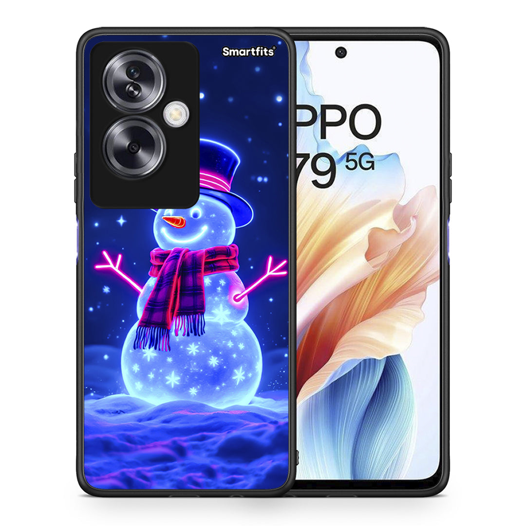 Θήκη Oppo A79 / A2 Christmas Neon Snowman από τη Smartfits με σχέδιο στο πίσω μέρος και μαύρο περίβλημα | Oppo A79 / A2 Christmas Neon Snowman case with colorful back and black bezels