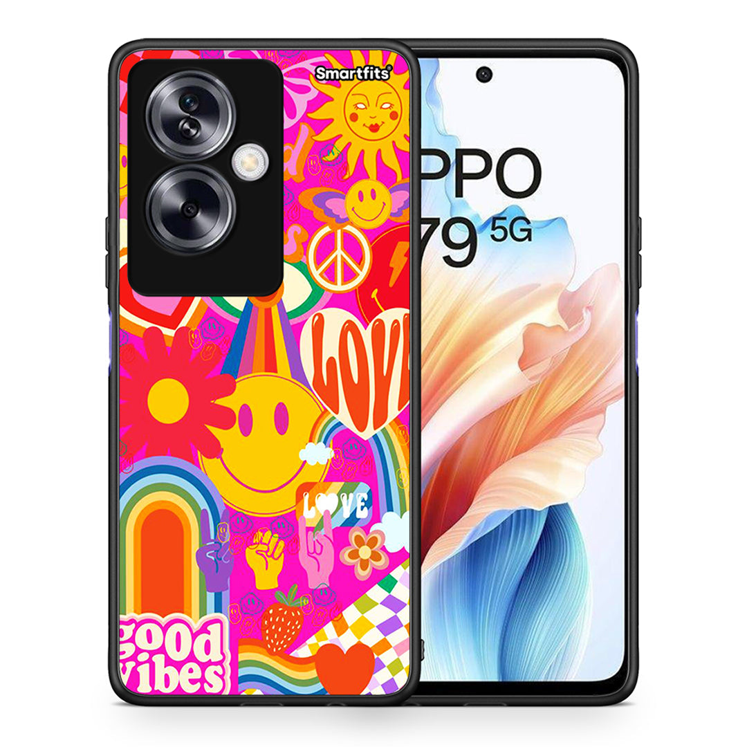 Θήκη Oppo A79 / A2 Hippie Love από τη Smartfits με σχέδιο στο πίσω μέρος και μαύρο περίβλημα | Oppo A79 / A2 Hippie Love case with colorful back and black bezels