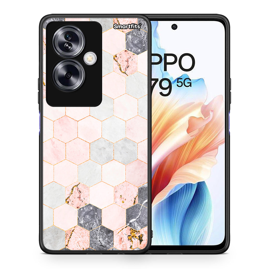 Θήκη Oppo A79 / A2 Hexagon Pink Marble από τη Smartfits με σχέδιο στο πίσω μέρος και μαύρο περίβλημα | Oppo A79 / A2 Hexagon Pink Marble case with colorful back and black bezels