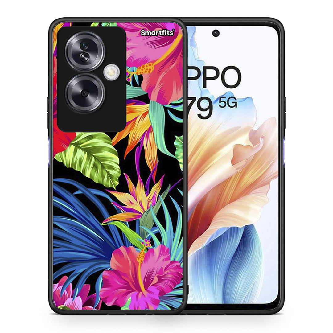 Θήκη Oppo A79 / A2 Tropical Flowers από τη Smartfits με σχέδιο στο πίσω μέρος και μαύρο περίβλημα | Oppo A79 / A2 Tropical Flowers case with colorful back and black bezels